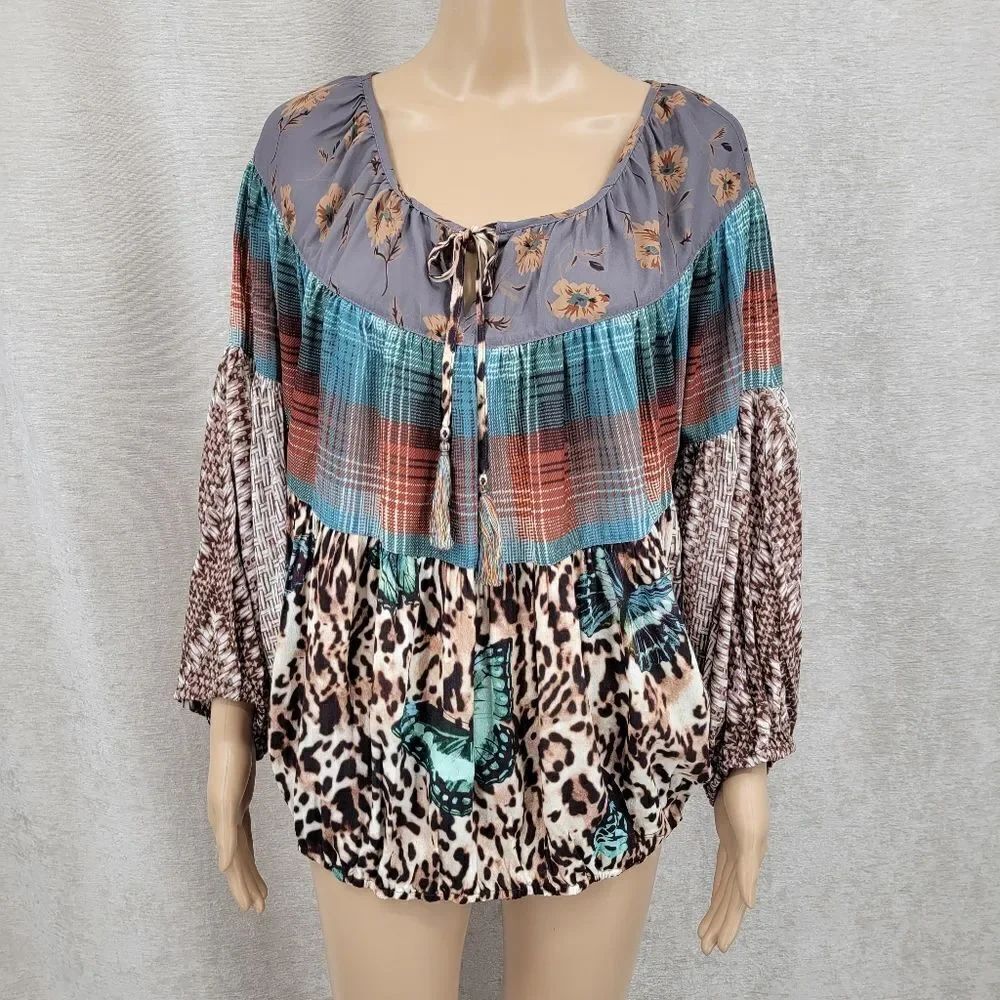 John Mark Batwing Sleeves Floral Plaid Animal Print Blouse Top Mixed Pattern NEW